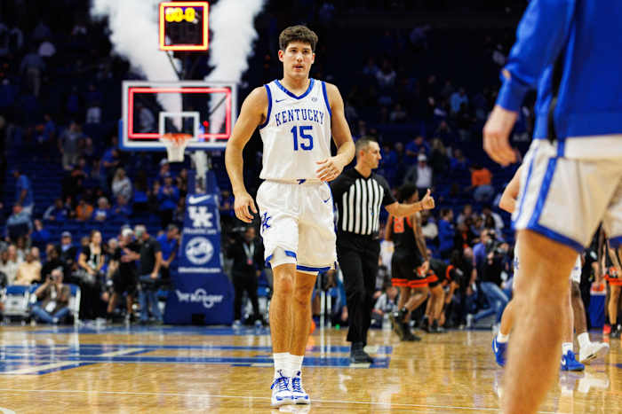 Oct 27, 2023; Lexington, KY, USA; Kentucky Wildcats guard Reed Sheppard (15) walks off the court after the game against the Georgetown Tigers at Rupp Arena. Mandatory Credit: Jordan Prather-USA TODAY Sports